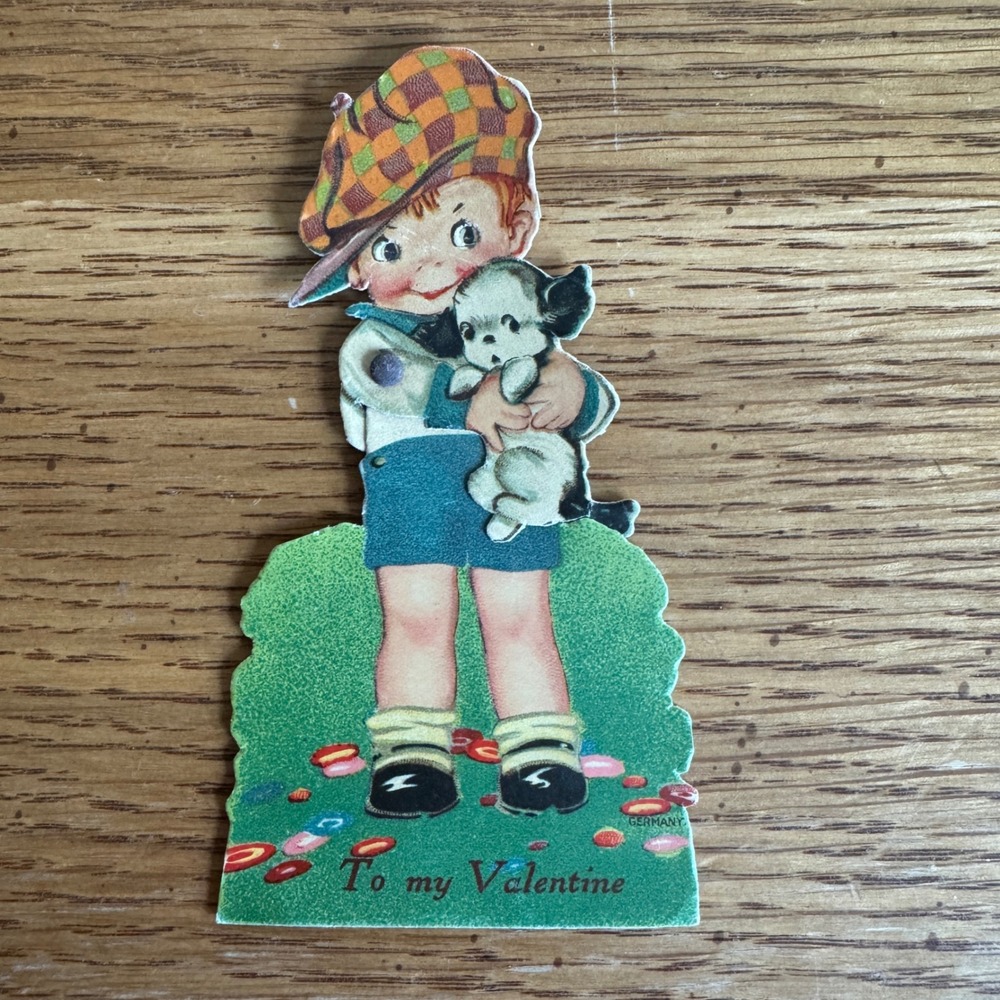 Vintage Valentine Card Boy Holding Puppy Germany‎ Lithograph Retro Collectible